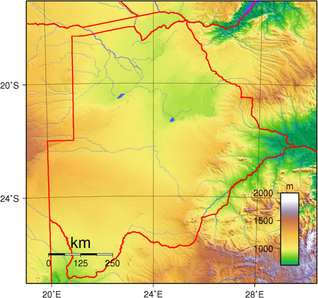 Landkarte Relief Botswana Topographie